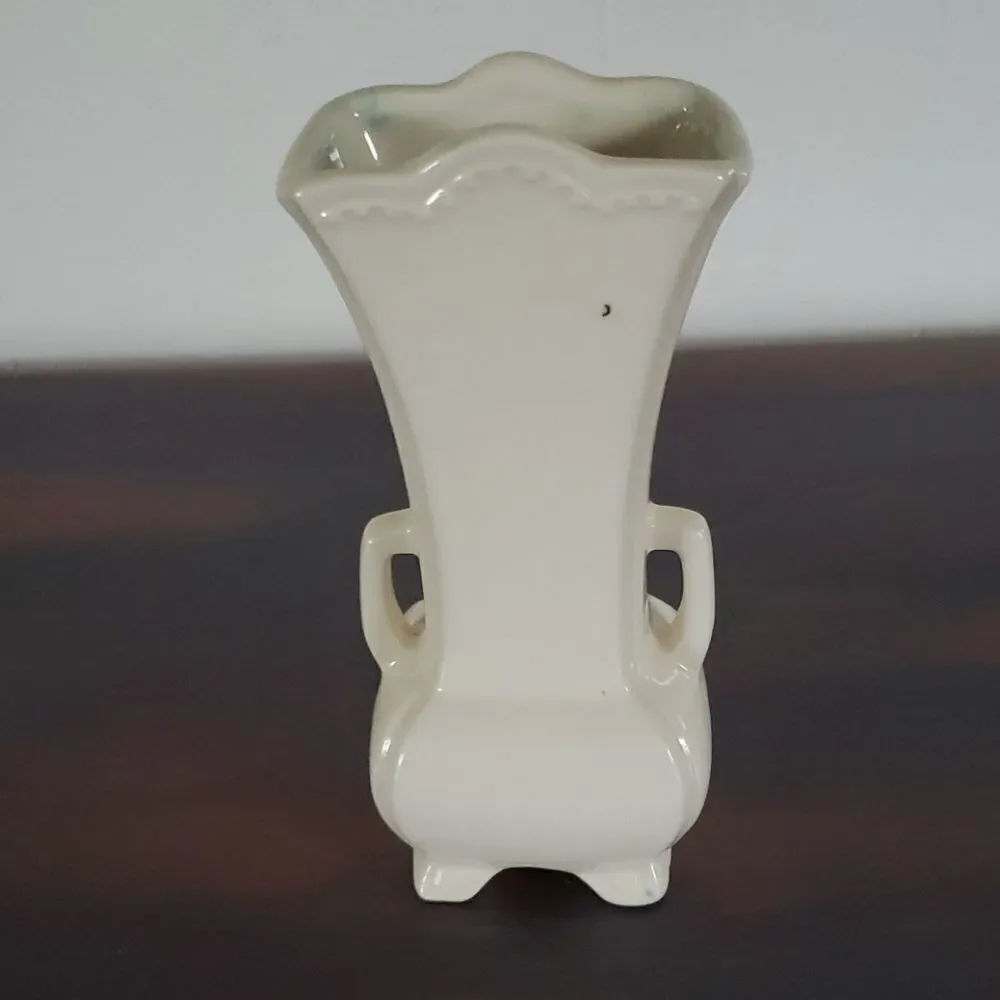 Vintage Ornate Glazed Ceramic White Vase w/Handles
